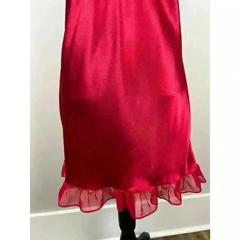 Vtg Amanda Stewart Slip Dress Nightgown Satin Red Ruffles Embroidered S V-Neck - Picture 3 of 9